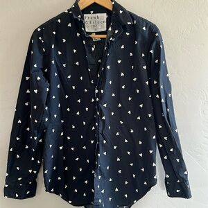 Frank & Eileen navy and white, heart pattern button up shirt with collar